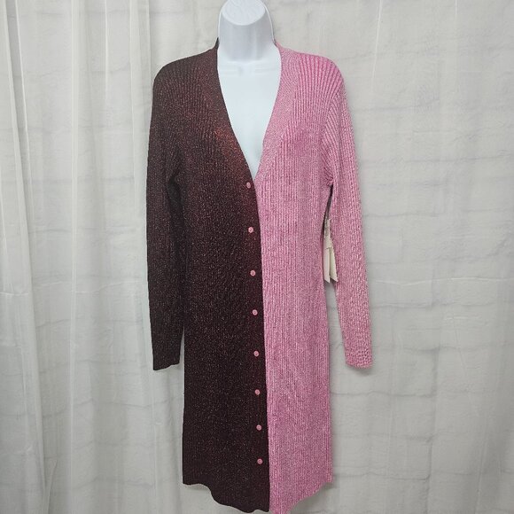 Cocobleu Cardigan Dress Pink Burgundy Metallic Ribbed Knit Colorblock L NWT - Picture 11 of 11